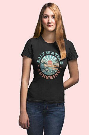 Salt Water And Sunshine Baskılı Yaz Temalı Unisex Regular Fit Pamuklu Siyah Tişört