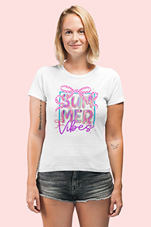 Retro Summer Vibes Baskılı Yaz Temalı Unisex Regular Fit Pamuklu Beyaz Tişört