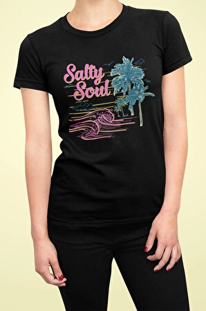 Salty Soul Baskılı Yaz Temalı Unisex Regular Fit Pamuklu Siyah Tişört