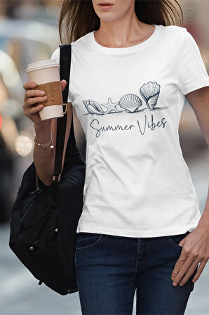 Seashell Summer Vibes Baskılı Yaz Temalı Unisex Regular Fit Pamuklu Beyaz Tişört