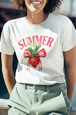 Summer Vibes Çilek Baskılı Yaz Temalı Unisex Regular Fit Pamuklu Beyaz Tişört