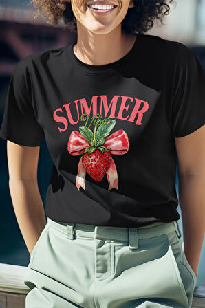 Summer Vibes Çilek Baskılı Yaz Temalı Unisex Regular Fit Pamuklu Siyah Tişört