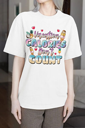 Vacation Caroies Dont Count Baskılı Yaz Temalı Unisex Regular Fit Pamuklu Beyaz Tişört