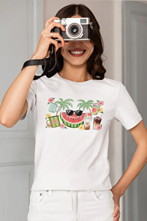 Sweet Summer Karpuz Baskılı Yaz Temalı Unisex Regular Fit Pamuklu Beyaz Tişört