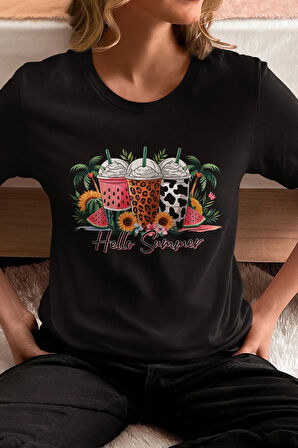 Hello Summer Baskılı Yaz Temalı Unisex Regular Fit Pamuklu Siyah Tişört