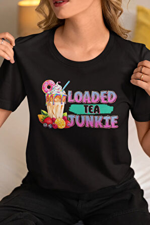 Loaded Tea Junkie Baskılı Yaz Temalı Unisex Regular Fit Pamuklu Siyah Tişört