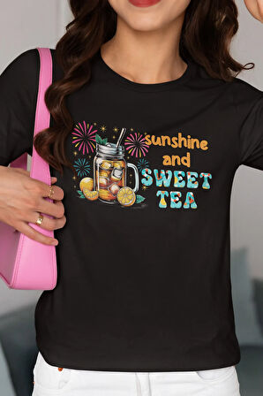 Sunshine And Sweet Tea Baskılı Yaz Temalı Unisex Regular Fit Pamuklu Siyah Tişört