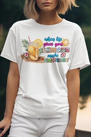When Life Gives You Lemons Make Lemonade Baskılı Yaz Temalı Unisex Regular Fit Pamuklu Beyaz Tişört