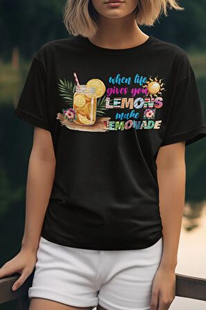 When Life Gives You Lemons Make Lemonade Baskılı Yaz Temalı Unisex Regular Fit Pamuklu Siyah Tişört