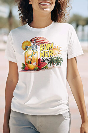Summer Time Cocktail Baskılı Yaz Temalı Unisex Regular Fit Pamuklu Beyaz Tişört