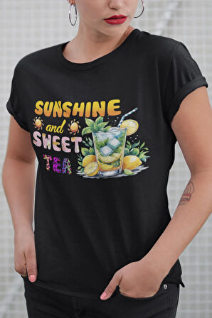 Sunshine And Sweet Tea Limon Baskılı Yaz Temalı Unisex Regular Fit Pamuklu Siyah Tişört
