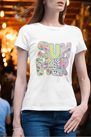 Summer Çiçekler Baskılı Yaz Temalı Unisex Regular Fit Pamuklu Beyaz Tişört