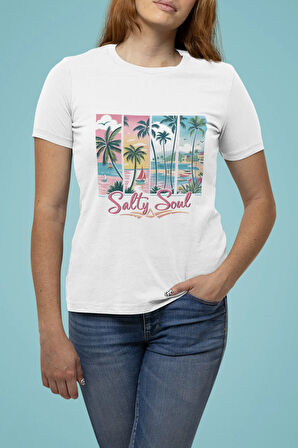 Summer Salty Soul Beach Baskılı Yaz Temalı Unisex Regular Fit Pamuklu Beyaz Tişört