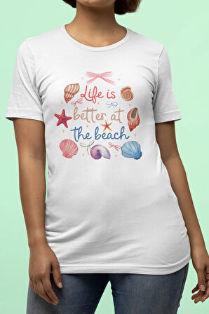 Life İs Better At The Beach Baskılı Yaz Temalı Unisex Regular Fit Pamuklu Beyaz Tişört