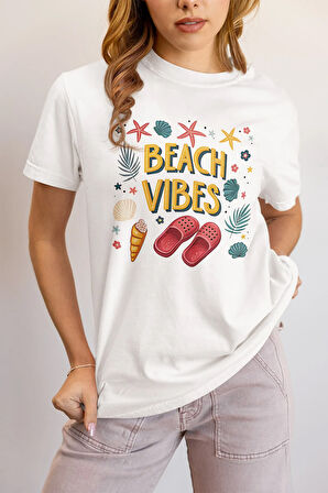Beach Vibes Sahil Kum Terlik Baskılı Yaz Temalı Unisex Regular Fit Pamuklu Beyaz Tişört