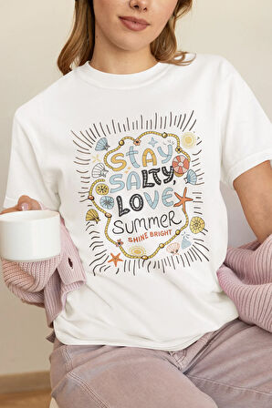 Boho Love Summer Bracelet Baskılı Yaz Temalı Unisex Regular Fit Pamuklu Beyaz Tişört
