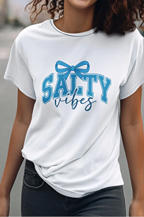 Coquette Salty Vibes Baskılı Yaz Temalı Unisex Regular Fit Pamuklu Beyaz Tişört