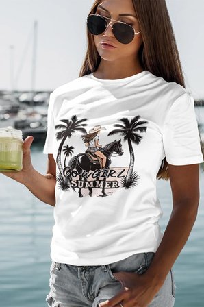 Cowgirl Summer Baskılı Yaz Temalı Unisex Regular Fit Pamuklu Beyaz Tişört