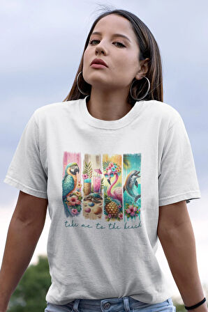 Take Me Beach Baskılı Yaz Temalı Unisex Regular Fit Pamuklu Beyaz Tişört