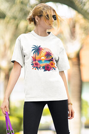 Gün Batımı Baskılı Tropikal Hayvanlar Unisex Regular Fit Pamuklu Beyaz Tişört