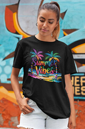 Summer Vibes Renkli Palmiyeler Baskılı Yaz Temalı Unisex Regular Fit Pamuklu Siyah Tişört