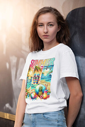 Summer Vibes Plaj Baskılı Yaz Temalı Unisex Regular Fit Pamuklu Beyaz Tişört