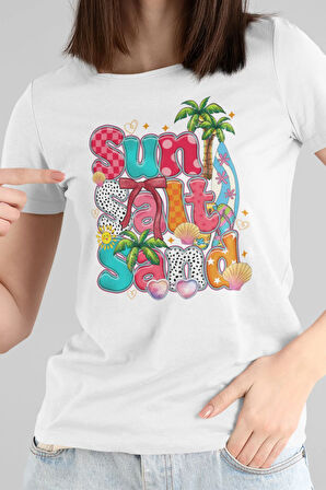 Summer Salt Sand Baskılı Yaz Temalı Unisex Regular Fit Pamuklu Beyaz Tişört