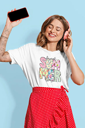 Sweet Summer Time Baskılı Yaz Temalı Unisex Regular Fit Pamuklu Beyaz Tişört