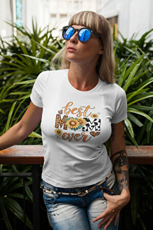 Best Mom Ever Baskılı Anneler Günü Hediyelik Beyaz %100 Pamuklu T Shirt