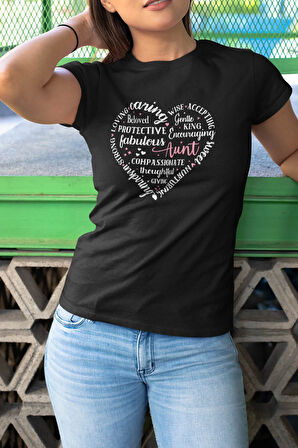 Aunt Heart Shape Baskılı Hala Teyze Hediyelik Siyah %100 Pamuklu T Shirt