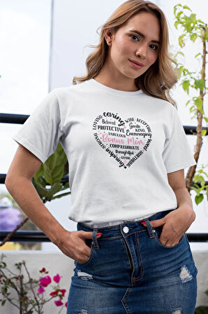 Mom Kalp Şekilli Yazılı Baskılı Anneler Günü Hediyelik Beyaz %100 Pamuklu T Shirt