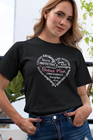 Mom Kalp Şekilli Yazılı Baskılı Anneler Günü Hediyelik Siyah %100 Pamuklu T Shirt