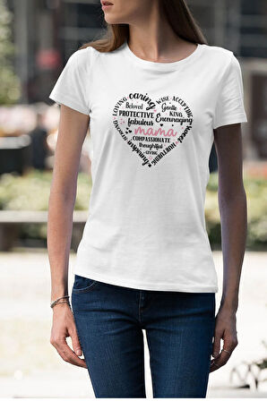 Mama Şekilli Yazılı Kalp Baskılı Anneler Günü Hediyelik Beyaz %100 Pamuklu T Shirt