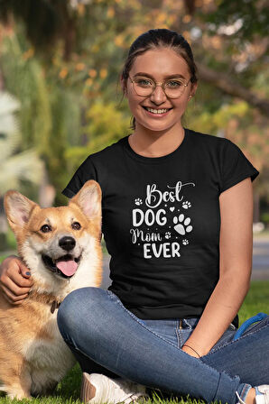 Best Dog Mom Ever No:1 Baskılı Anneler Günü Hediyelik Siyah %100 Pamuklu T Shirt