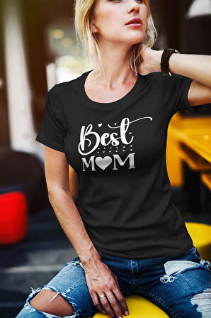 Best Mom Baskılı Anneler Günü Hediyelik Siyah %100 Pamuklu T Shirt