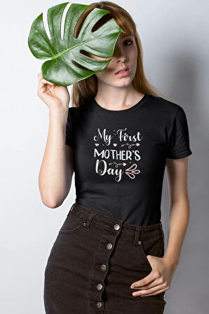 My First Mother's Day Baskılı Anneler Günü Hediyelik Siyah %100 Pamuklu T Shirt
