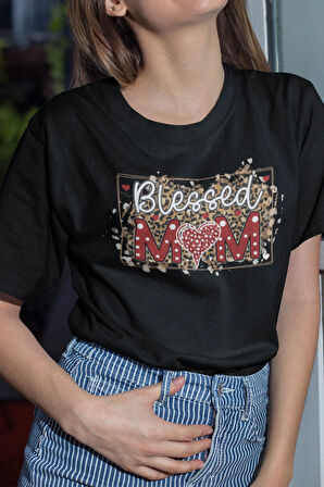 Blessed Mom Baskılı Anneler Günü Hediyelik Siyah %100 Pamuklu T Shirt