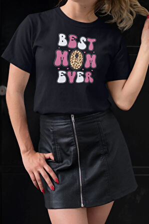 Best Mom Ever No:2 Baskılı Anneler Günü Hediyelik Siyah %100 Pamuklu T Shirt