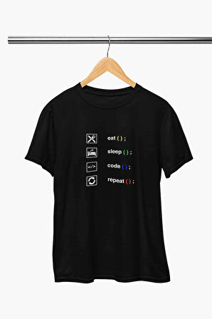 Eat Sleep Code Repeat Yazılımcı Mühendis Baskılı Eğlenceli Hediyelik Beyaz Unisex T-Shirt