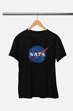 Naps Eğlenceli Uzay Nasa Baskılı Siyah T Shirt