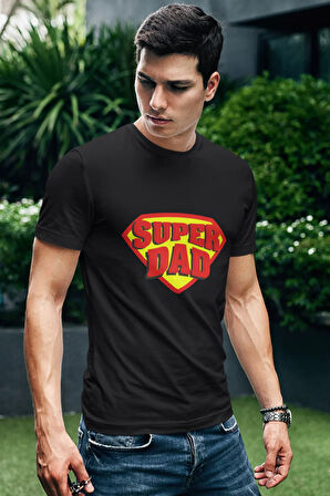 Super Dad Baskılı Babalar Günü Eğlenceli Hediyelik Siyah Unisex T-Shirt