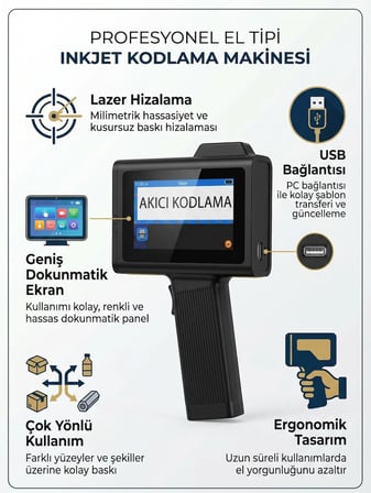 QC 0.5 İnç El Tipi Akıllı Inkjet Yazıcı - Lazer Hizalamalı Kodlama Makinesi (Kartuşsuz)
