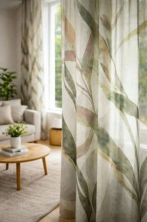Floral Desenli Yeşil Şık Natural Keten Dokulu Tül Perde Salon Oturma Odası Yatak Odası Çocuk Odası