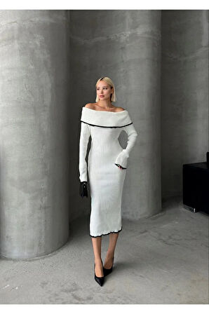 Madonna Yaka Kadın Triko Midi Elbise Ekru