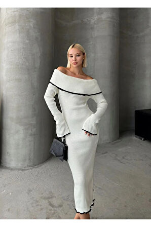 Madonna Yaka Kadın Triko Midi Elbise Ekru