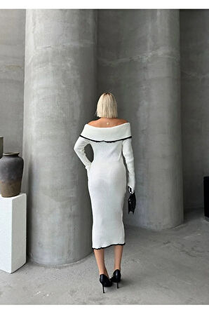 Madonna Yaka Kadın Triko Midi Elbise Ekru