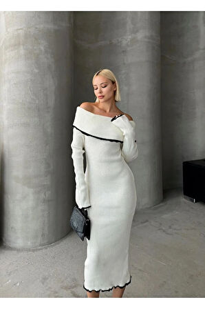 Madonna Yaka Kadın Triko Midi Elbise Ekru