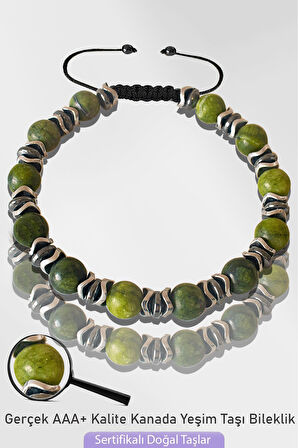 Sertifikalı Silver Hematitli 6mm Doğal Kanada Yeşim Taşı Bileklik - Ayarlamalı