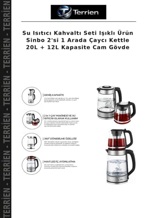 Su Isıtıcı Kahvaltı Seti Işıklı Ürün Sinbo 2'si 1 Arada Çaycı Kettle 20L + 12L Kapasite Cam Gövde
