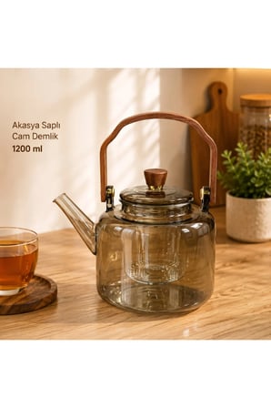 5 Adet Akasya Saplı Demlik – 1200 ML Borosilikat Cam, Akasya Ahşap Saplı Çay Demliği Ve Teapot